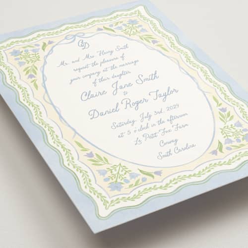 This is a powder blue wedding invitations with standard by Creo Study called folk garden printing on signature in standard
