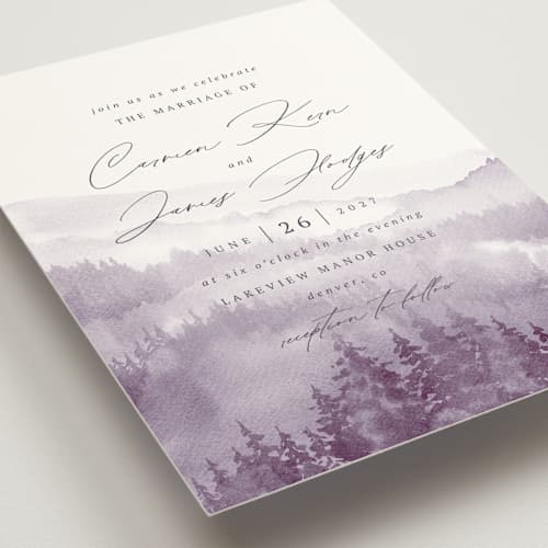 This is a lavender wedding invitations with standard by Helen Halik called over the mountains printing on signature in standard