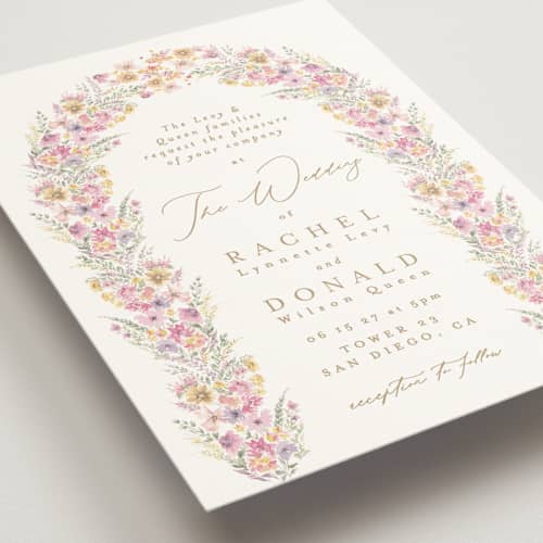 This is a spring wedding invitations with standard by Phrosné Barwood called floral arch printing on signature in standard