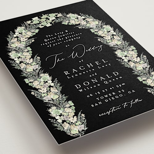 This is a midnight wedding invitations with standard by Phrosné Barwood called floral arch printing on signature in standard