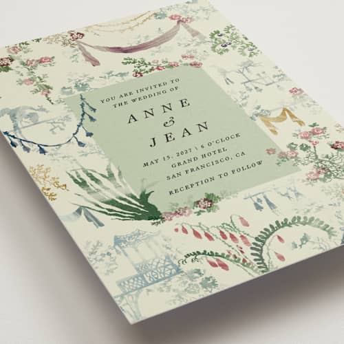 This is a greenhouse wedding invitations with standard by Sumak Studio called chinoiserie printing on signature in standard