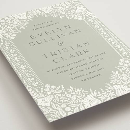 This is a sage wedding invitations with standard by Kristen Smith called lace trim printing on signature in standard