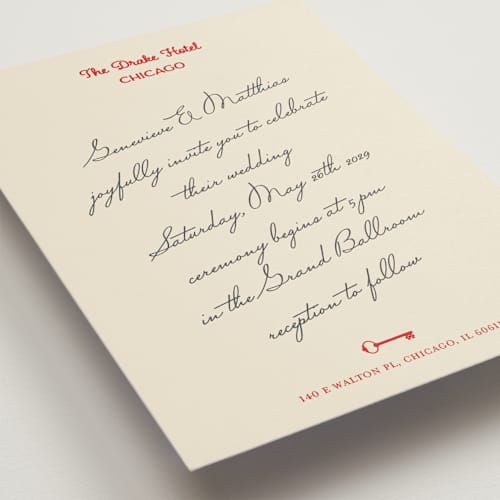 This is a classic red wedding invitations with standard by Studio Suku called hotel printing on signature in standard