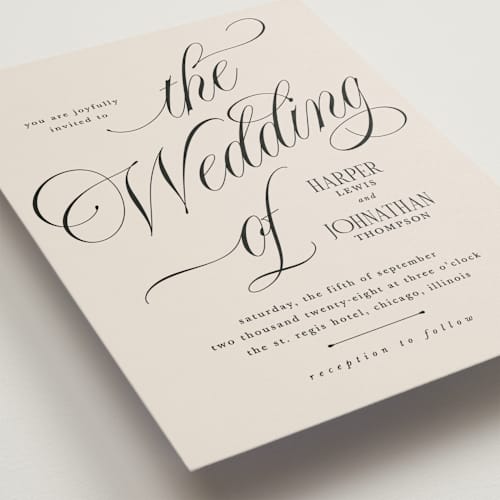 This is a linen wedding invitations with standard by Kate Ahn called mirin printing on signature in standard