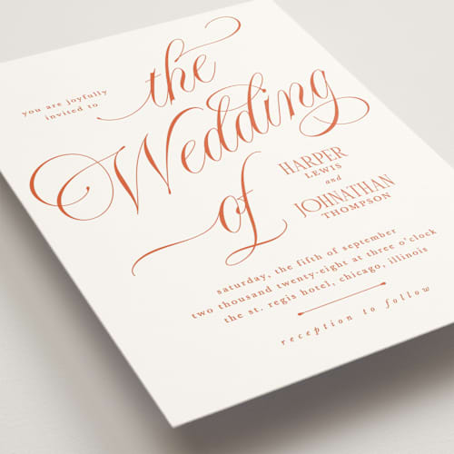 This is a sunset wedding invitations with standard by Kate Ahn called mirin printing on signature in standard
