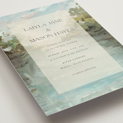 This is a lake wedding invitations with standard by Lindsay Megahed called reflections printing on signature in standard