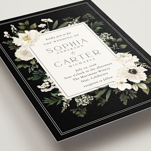 This is a black tie wedding invitations with standard by Susan Moyal called botanical love printing on signature in standard