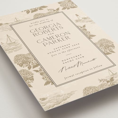 This is a sand wedding invitations with standard by Jenna Holcomb called coastal toile printing on signature in standard