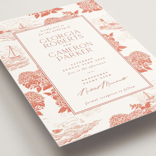 This is a sunset wedding invitations with standard by Jenna Holcomb called coastal toile printing on signature in standard