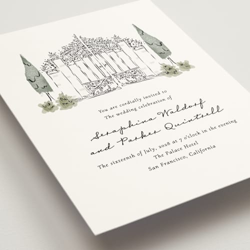 This is a forest wedding invitations with standard by Jackie Crawford called hand illustrated garden gate printing on signature in standard