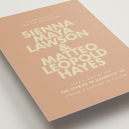 This is a salmon wedding invitations with standard by Ellen Schlegelmilch called sienna printing on signature in standard