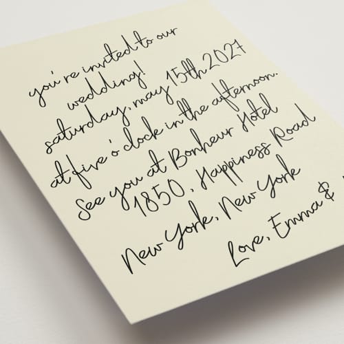 This is a noir wedding invitations with standard by Helena Vitto called handwritten letter printing on signature in standard