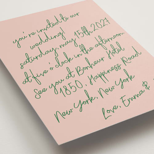 This is a avocado wedding invitations with standard by Helena Vitto called handwritten letter printing on signature in standard