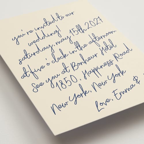 This is a blue velvet wedding invitations with standard by Helena Vitto called handwritten letter printing on signature in standard