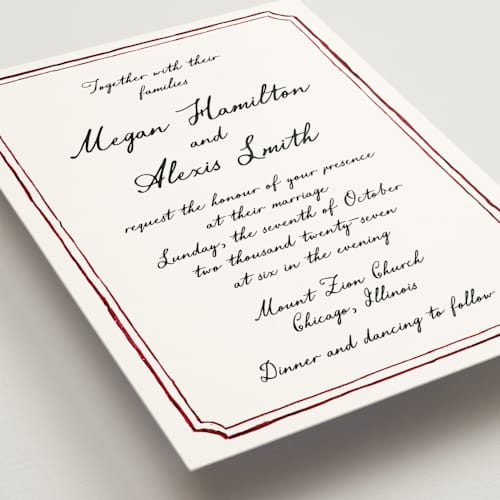 This is a wine wedding invitations with standard by Cass Loh called handwritten printing on signature in standard