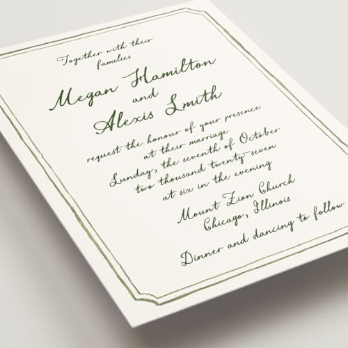 This is a moss wedding invitations with standard by Cass Loh called handwritten printing on signature in standard
