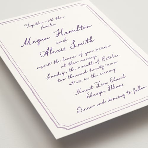 This is a lavender wedding invitations with standard by Cass Loh called handwritten printing on signature in standard