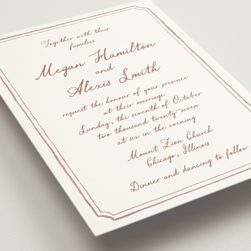 This is a rosewood wedding invitations with standard by Cass Loh called handwritten printing on signature in standard
