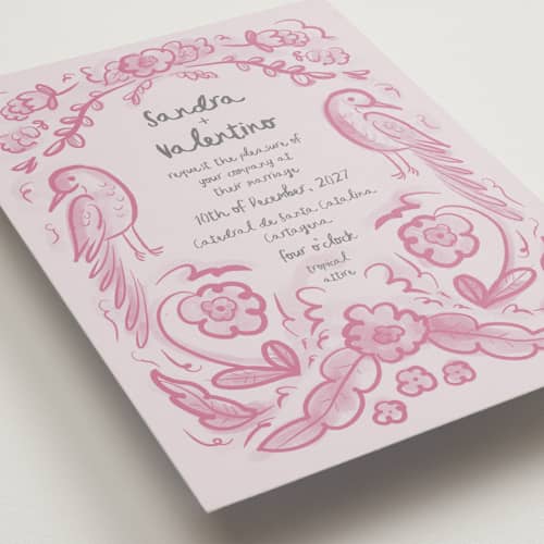 This is a berry pink wedding invitations with standard by Ani Somi called santa catalina printing on signature in standard