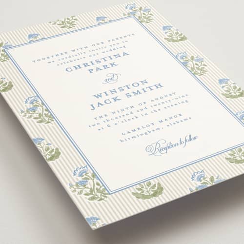 This is a powder wedding invitations with standard by Creo Study called patterned florals printing on signature in standard
