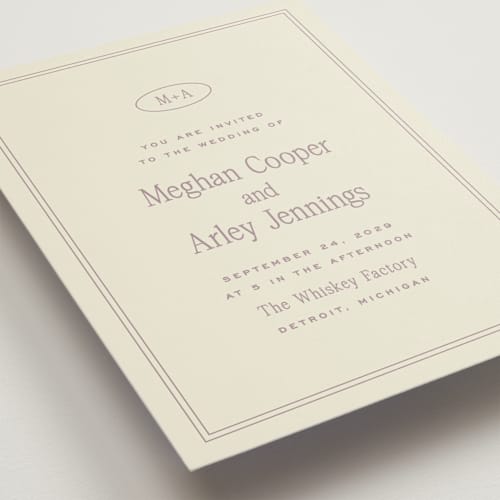 This is a mauve wedding invitations with standard by Ellen Schlegelmilch called cherry printing on signature in standard
