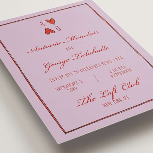 This is a purple heart wedding invitations with standard by Pati Cascino called two hearts printing on signature in standard