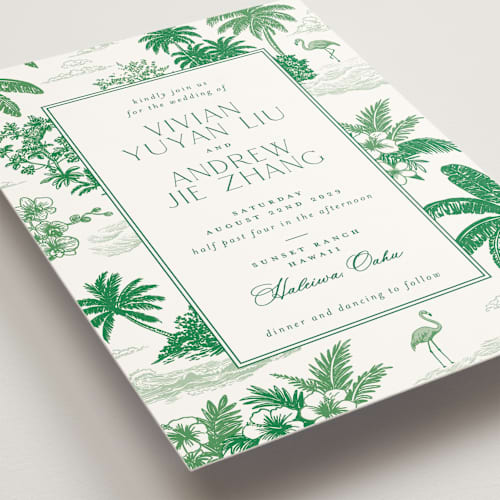 This is a jade wedding invitations with standard by Jenna Holcomb called tropical toile printing on signature in standard