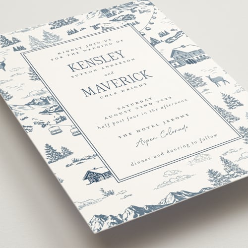 This is a denim wedding invitations with standard by Jenna Holcomb called aspen toile printing on signature in standard