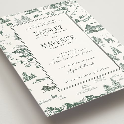 This is a forest wedding invitations with standard by Jenna Holcomb called aspen toile printing on signature in standard