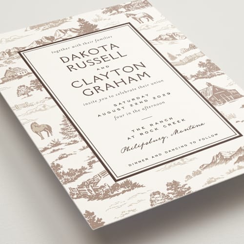 This is a leather wedding invitations with standard by Jenna Holcomb called mountain ranch toile printing on signature in standard