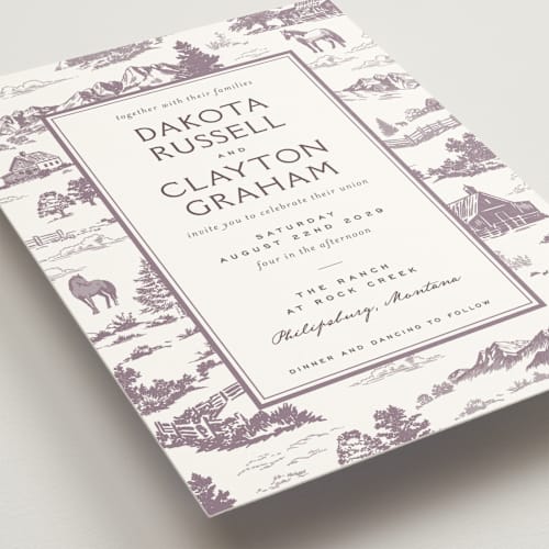This is a mauve wedding invitations with standard by Jenna Holcomb called mountain ranch toile printing on signature in standard