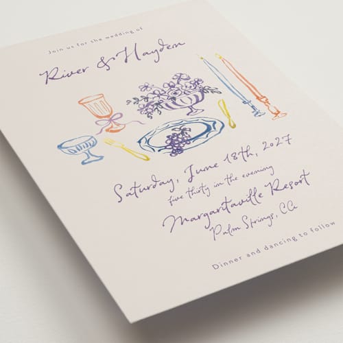 This is a hydrangea wedding invitations with standard by Cass Loh called tablescape drawing printing on signature in standard