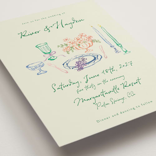 This is a garden wedding invitations with standard by Cass Loh called tablescape drawing printing on signature in standard