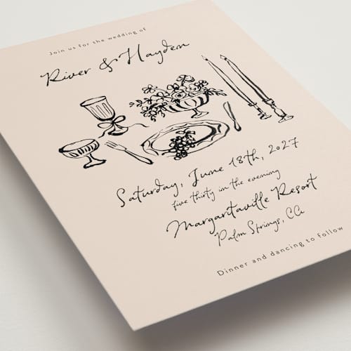 This is a black dahlia wedding invitations with standard by Cass Loh called tablescape drawing printing on signature in standard