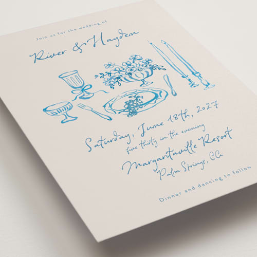 This is a aquatic wedding invitations with standard by Cass Loh called tablescape drawing printing on signature in standard
