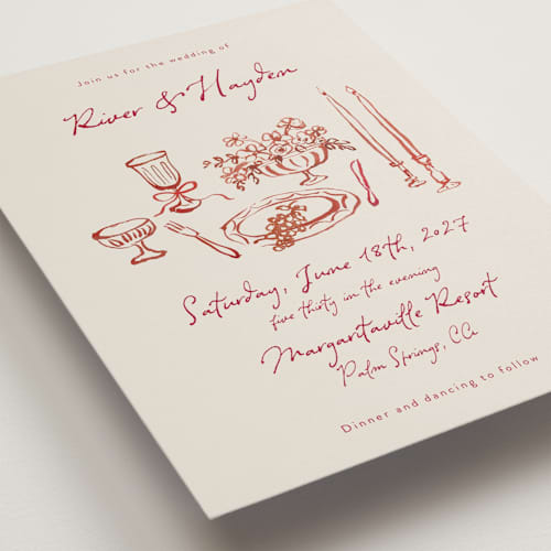 This is a wine wedding invitations with standard by Cass Loh called tablescape drawing printing on signature in standard