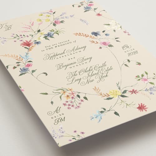 This is a english garden wedding invitations with standard by Phrosné Barwood called whimsey floral printing on signature in standard