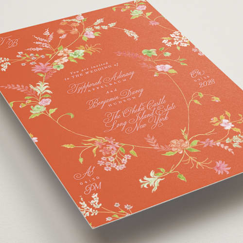 This is a verona sunset wedding invitations with standard by Phrosné Barwood called whimsey floral printing on signature in standard