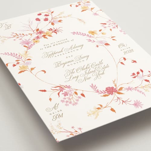 This is a sunrise wedding invitations with standard by Phrosné Barwood called whimsey floral printing on signature in standard