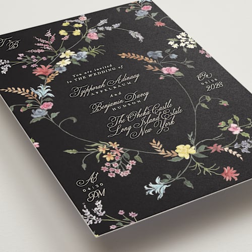 This is a midnight park wedding invitations with standard by Phrosné Barwood called whimsey floral printing on signature in standard