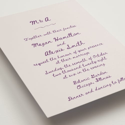 This is a lilac wedding invitations with standard by Cass Loh called simple monogram printing on signature in standard
