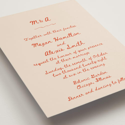 This is a apricot wedding invitations with standard by Cass Loh called simple monogram printing on signature in standard