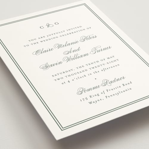 This is a sage wedding invitations with standard by Carolyn MacLaren called timeless together printing on signature in standard