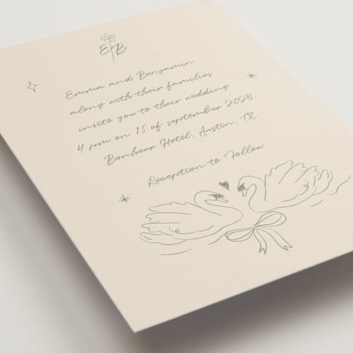 This is a olive wedding invitations with standard by Helena Vitto called the swan printing on signature in standard