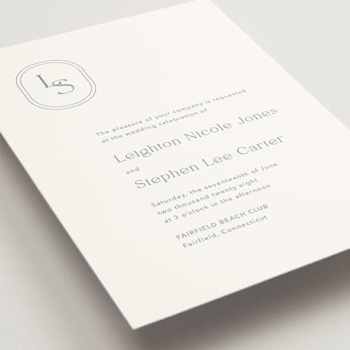 This is a lakeshore blue wedding invitations with standard by Jennifer Postorino called leighton printing on signature in standard