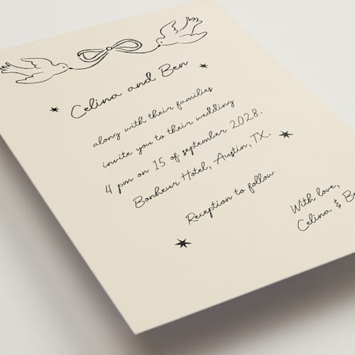 This is a noir wedding invitations with standard by Helena Vitto called the bird song printing on signature in standard