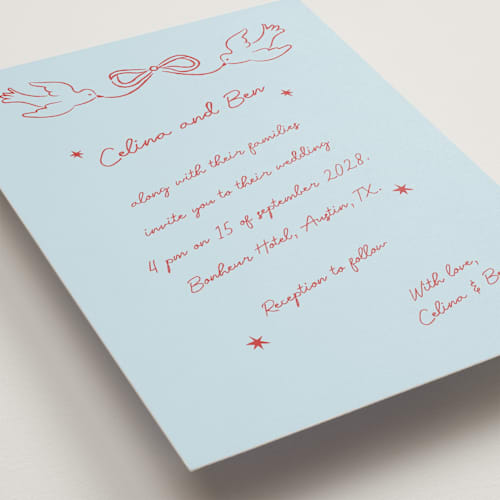 This is a tomato wedding invitations with standard by Helena Vitto called the bird song printing on signature in standard