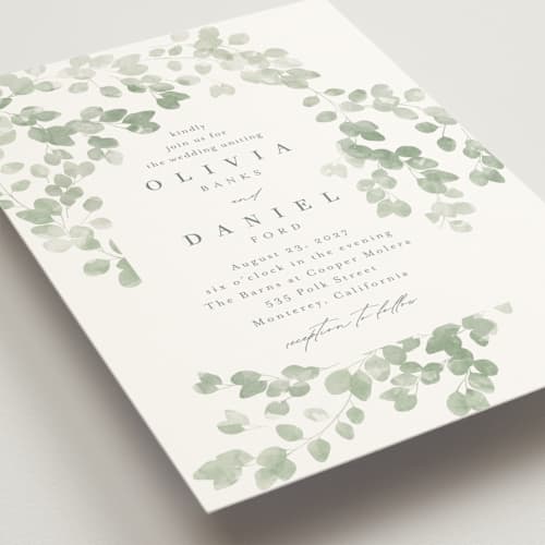 This is a eucalyptus wedding invitations with standard by Kristie Kern called vining printing on signature in standard
