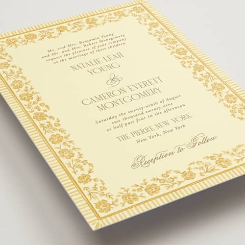 This is a butter wedding invitations with standard by Jenna Holcomb called embroidered printing on signature in standard