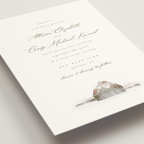 This is a fawn wedding invitations with standard by AK Graphics called rustic barn printing on signature in standard